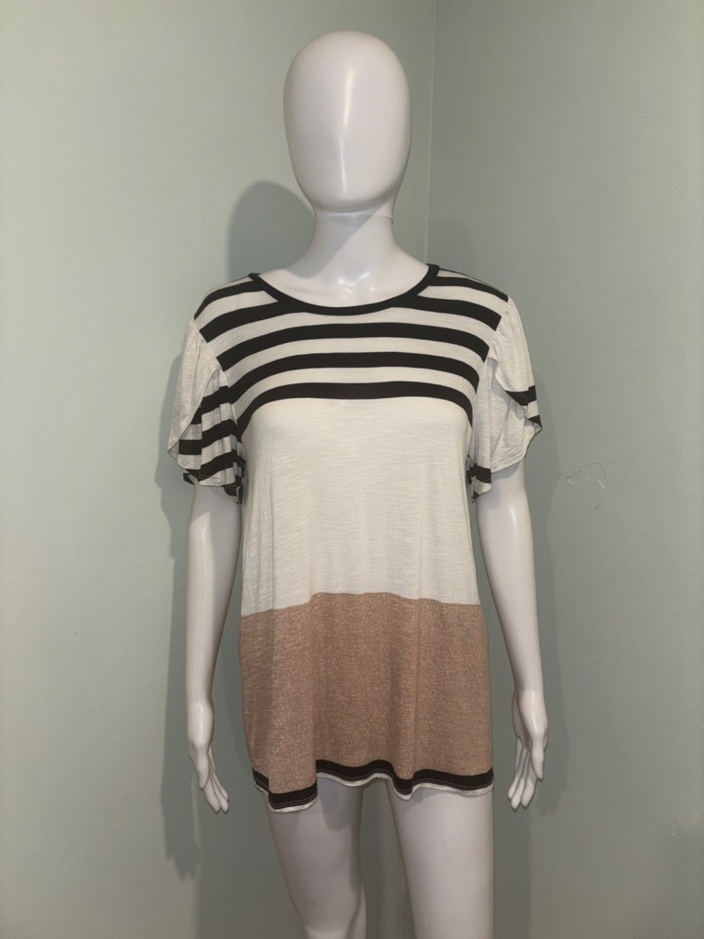 LuLaRoe Olive Tulip Sleeve Striped Top in White, Black, and Tan - M